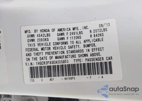 2014 Honda Accord Ex-L V-6 z USA, uszkodzony, nr VIN 1HGCR3F85EA005800
